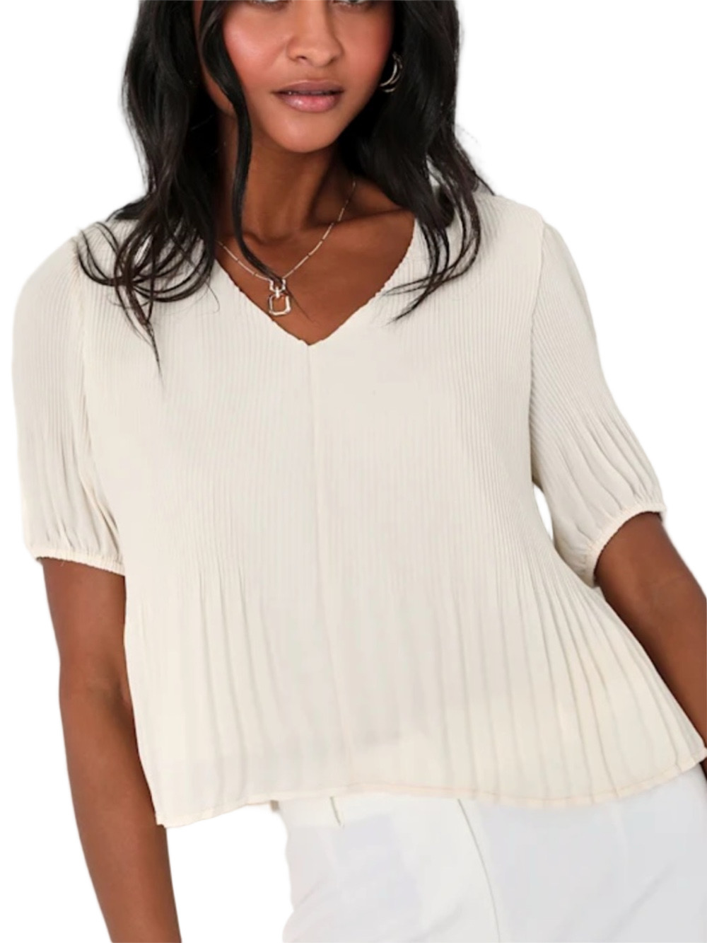 Lulus On the Breeze Ivory Puff Sleeve V-Neck Top Size Large